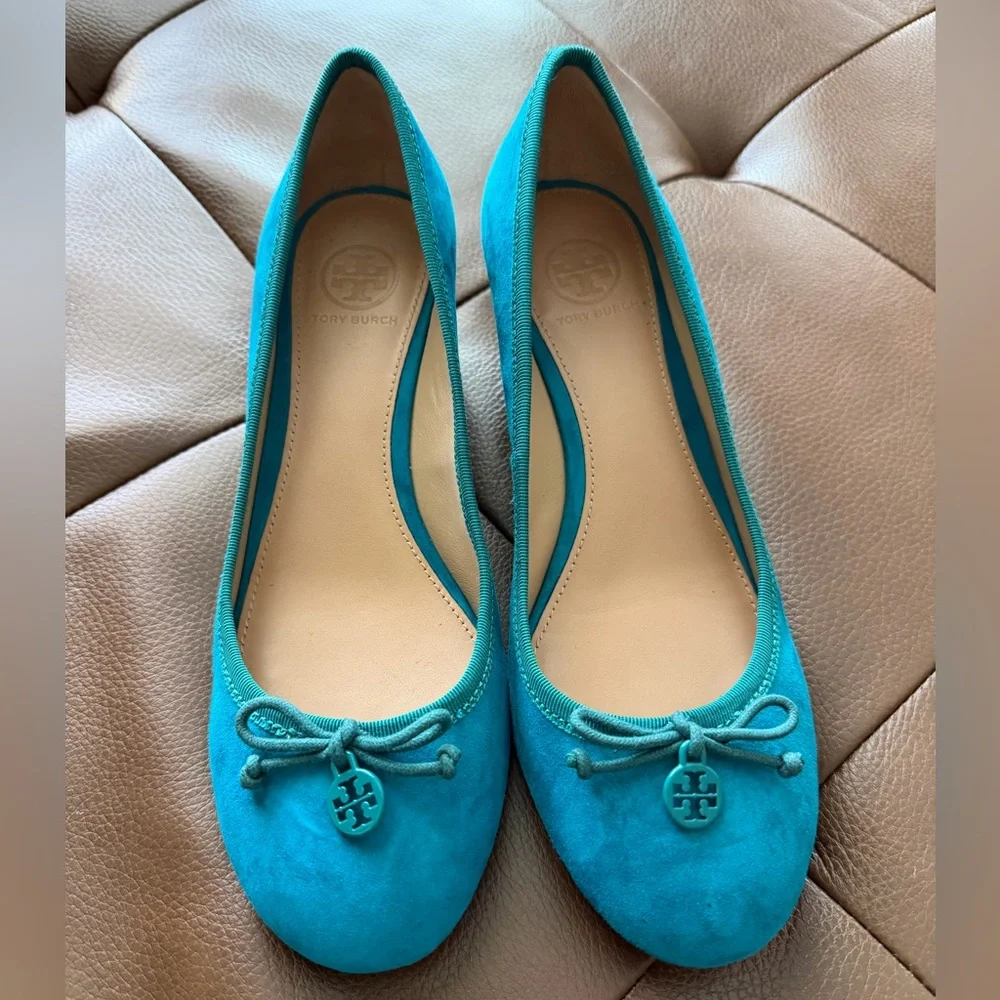Tory Burch Turquoise Suede Ballet Wedge 7 EUC